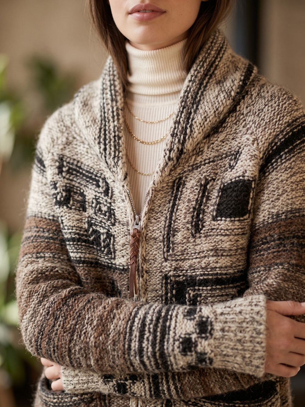 Wilfred Free Aritzia Alpaca Wool Chunky Knit Cowichan Cardigan Cabincore Zip Up